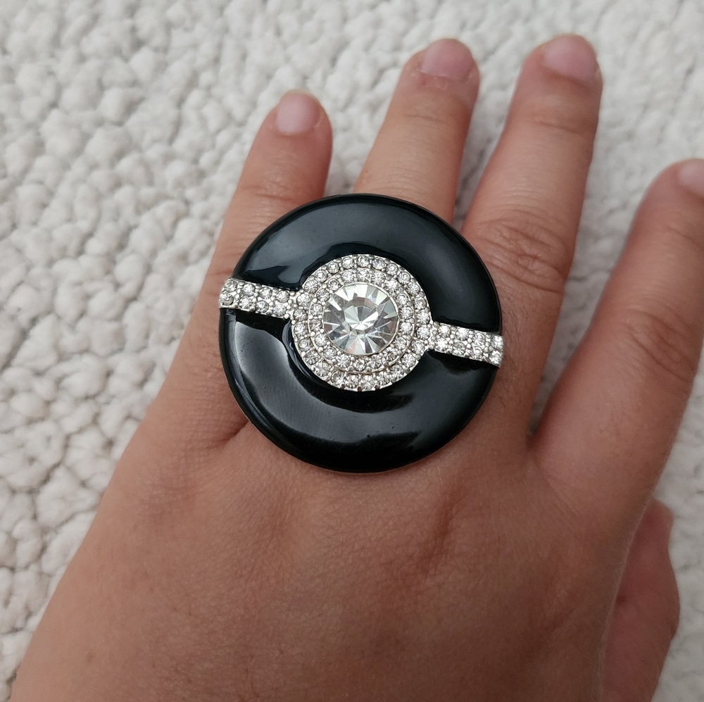 Elegant Black Enamel and Silver Bling Rhinestone Statement Ring Stretch